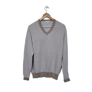 Neiman Marcus Men's Cotton & Cashmere Khaki Blend V Neck Long Sleeve Sweater